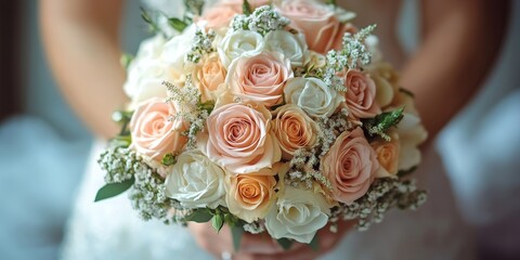 Selective focus on the bride s morning details wedding bouquet with roses and other flowers in the interior, Generative AI