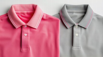 Two polo shirts in pink and gray, showcasing a classic collar design with contrasting stitching, set against a light background.