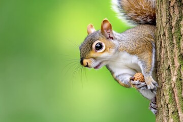Obraz premium A playful squirrel hanging upside down from a tree branch while nibbling on an acorn