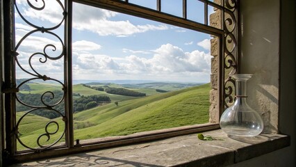Fototapeta premium An open window with a decorative iron grate overlooking a green valley, capturing a serene and rustic landscape. 