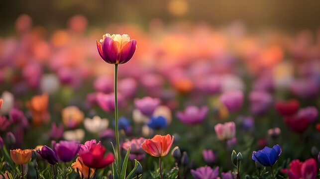 Colorful tulip field at sunrise