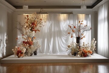 Elegant Wedding Backdrop Ceremony Indoor with floral decoration in modern venue