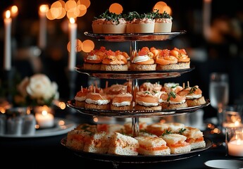 Elegant Three-Tiered Stand with Mini Sandwiches and Canapés at Wedding