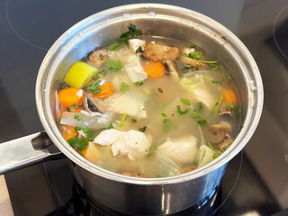 Feshly made soup with chicken and vegetables