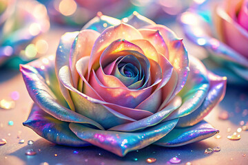 Holographic Iridescent Rose on Pastel Pink Background