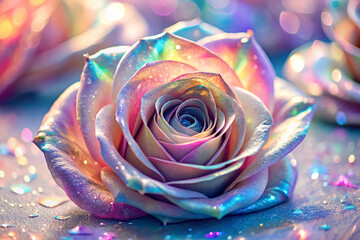Holographic Iridescent Rose on Pastel Pink Background
