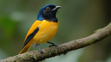 Obraz premium Vibrant Yellow and Blue Bird Perched on Mossy Branch Exotic Wildlife Tropical Avian