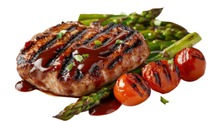 A close-up of juicy grilled pork chop topped with a drizzle of barbecue sauce, paired with grilled asparagus and cherry tomatoes, styled elegantly, Transparent background, PNG file