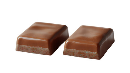 Fototapeta premium A close-up of two perfectly shaped chocolate bars, one partially unwrapped, isolated on a transparent background, showcasing their smooth texture.
