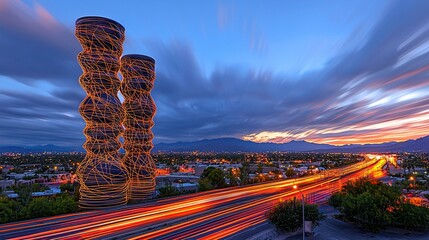 Illuminated sculptures at sunset overlooking a city highway with vibrant light trails.