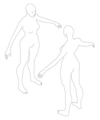 Two women are standing next to each other, one of them is holding the other's hand. Concept of connection and closeness between the two women. Isometric view