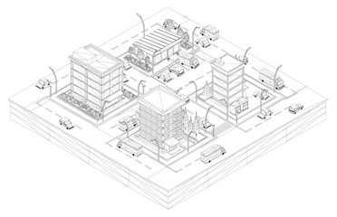 A cityscape with a lot of buildings and a few cars. The buildings are tall and the cars are parked on the street. Scene is busy and bustling. Isometric view