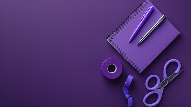 A vibrant arrangement of purple stationery items including a notebook, pens, scissors, and tape, set against a matching purple background.