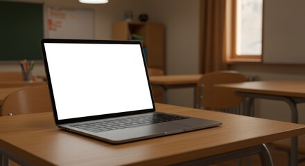 Classroom setup featuring open laptop with a bright white display showcasing digital learning