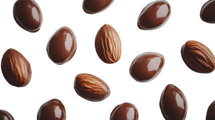 A collection of almonds covered in smooth chocolate, isolated on a clean white background, emphasizing the contrast between the nuts and the chocolate coating.