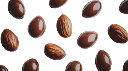 A collection of almonds covered in smooth chocolate, isolated on a clean white background, emphasizing the contrast between the nuts and the chocolate coating.