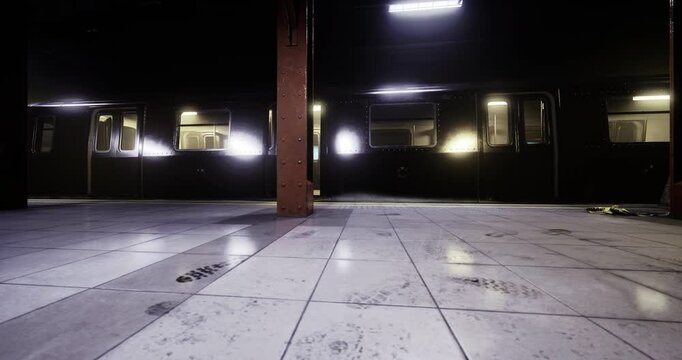 Late at night, a sleek black subway train is stationed at a well lit underground platform, showcasing the large tiles and minimalist architecture of the station.