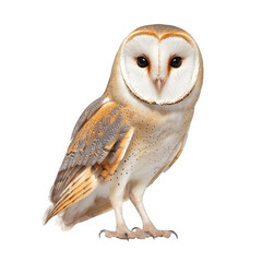 A stunning illustration of a barn owl standing gracefully. Captivating features include large eyes and beautifully detailed plumage, set against a white isolated background.