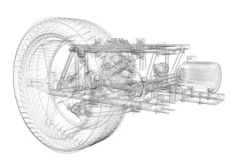 A drawing of a machine with a tire on it. The tire is on the right side of the machine. Isometric view