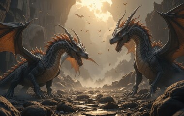 Fototapeta premium Two Dragons Facing Each Other in a Rocky Landscape with Birds Flying