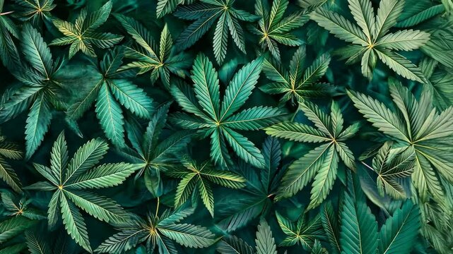 Emerald Canopy: A Dense Cluster of Lush Cannabis Leaves in Shades of Green
