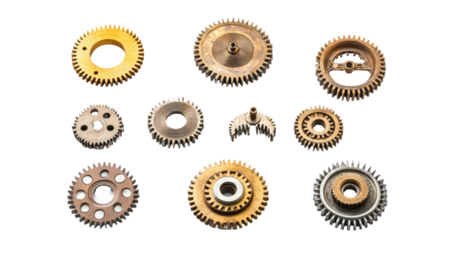 A collection of gears isolated on white, with each gear arranged in a way that highlights their complexity and functionality.
