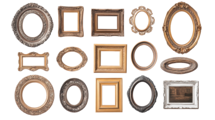 A collection of round vintage picture frames Transparent background, PNG file, displaying various textures such as brass, wood, and ornate metal finishes.