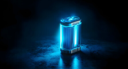 A luminous blue battery cell emits a vibrant glow against a stark dark backdrop, symbolizing energy and technological advancement in a sleek, futuristic design.