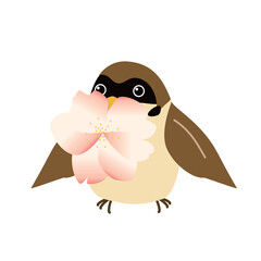 桜の花を咥えるスズメ