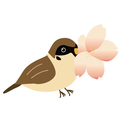 桜の花を咥える雀