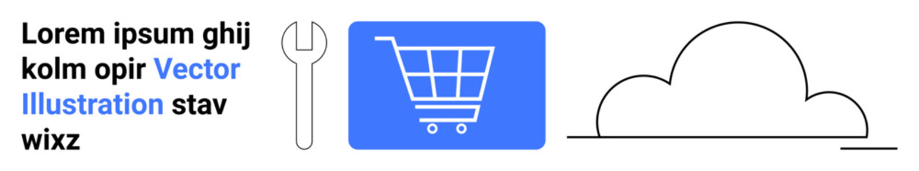 Blue shopping cart icon, wrench tool, and cloud outline design. Ideal for online shopping, cloud storage, technical support, maintenance, e-commerce, digital services technology tools simple