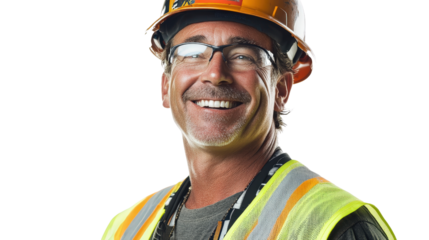 A construction worker smiling with a helmet and wearing a reflective vest, Transparent background, PNG file, exuding confidence and readiness for the job.