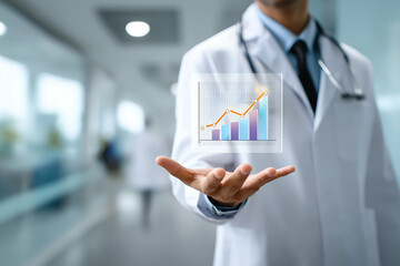 A doctor presents a digital graph showcasing growth and progress, symbolizing advancements in healthcare and medical data analysis.