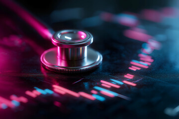 A stethoscope rests on a digital interface, symbolizing the intersection of healthcare and technology with vibrant colors and modern design.