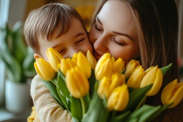 Little son kissing and congratulating his mom with Mother`s day at home, space for text. Woman holding bouquet of yellow tulips, Generative AI