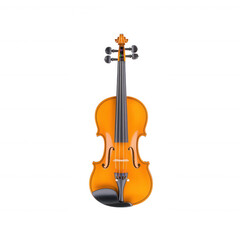 Fototapeta premium A vibrant orange violin on a white isolated background, showcasing its beautifully crafted body and strings, ideal for music-related themes and artistic projects.
