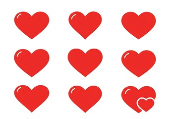 A collection of vibrant red hearts symbolizing love, affection, and connection, showcasing a simple yet bold graphic design.