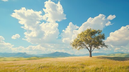 Obraz premium Tranquil Landscape with Lone Tree Under Dramatic Skies, Perfect for Environmental Design