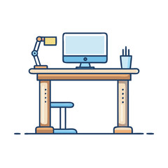 Illustration of home office desk with computer lamp and chair for remote work and study concept design