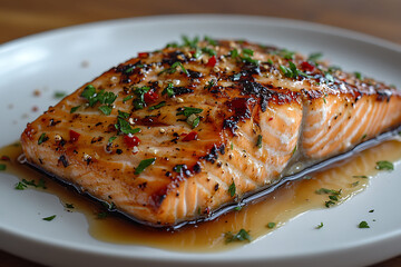 Grilled Salmon Fillet With Herbs And Spices On White Plate Close Up