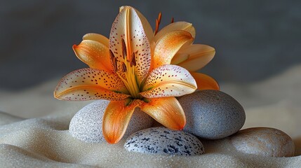 Orange lily resting on smooth stones and sand; serene spa background; wellness imagery