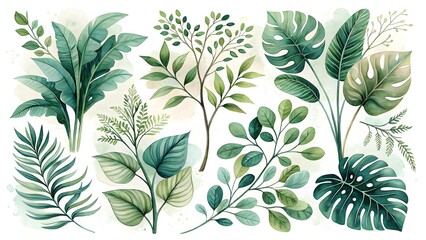 Watercolor Illustration Set of Various Green Leaves and Plants