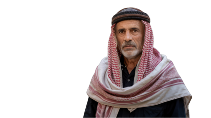 Dignified Portrait: A traditional Middle Eastern man stands with quiet dignity, his gaze filled with wisdom and cultural heritage, in a studio setting.