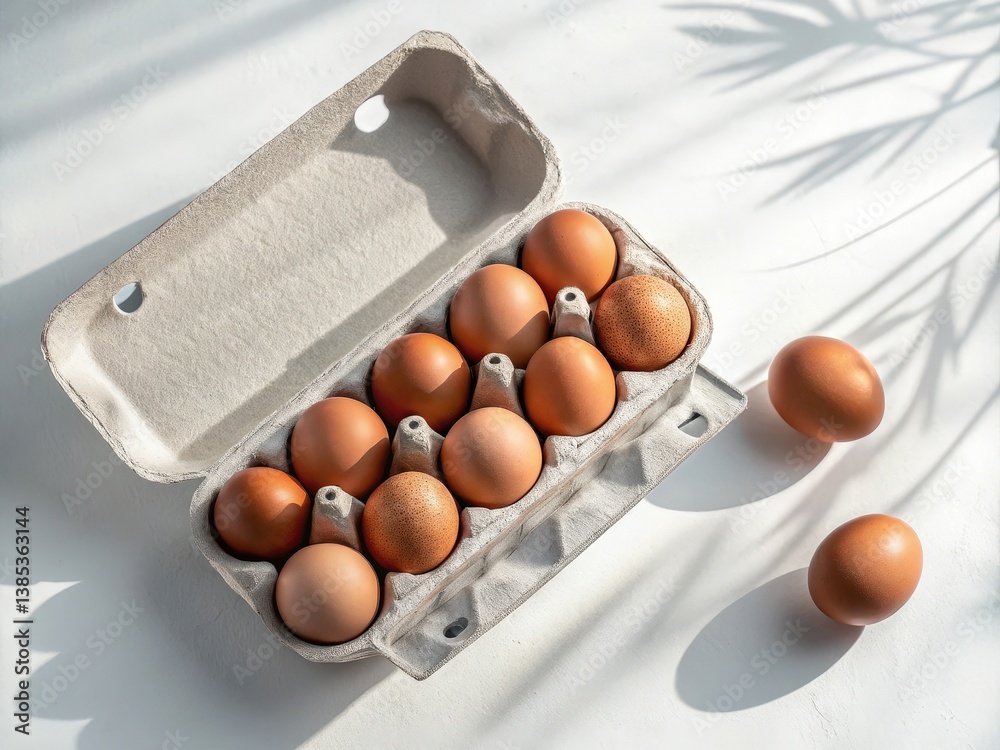 Poster  A carton of brown eggs with six visible eggs inside it placed on a white surface next to an open carton containing four eggs. The image captures the essence of freshness and variety in egg choices.