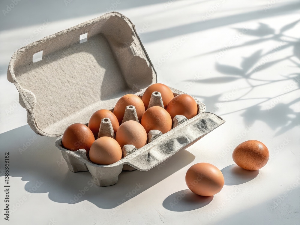 Poster  A carton of brown eggs with white shells is open, revealing six whole eggs inside. The carton sits on a countertop with sunlight filtering through a window in the background.