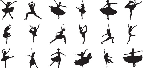 Ballerina Dance Silhouette Icon Set – Transparent Background Vector Illustration, A collection of elegant ballerina dance silhouette icons in various poses on a transparent background vector illustr

