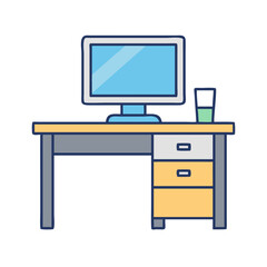 Illustration of a computer desk setup for home office or study with monitor and glass of water design