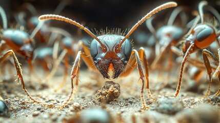 Fototapeta premium Ants carrying food, close-up, ground, colony, nature photography, science
