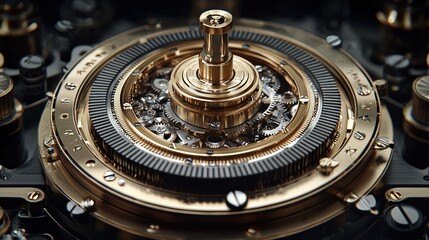 Intricate gold clockwork mechanism, close-up detail, intricate gears, dark background, technical illustration