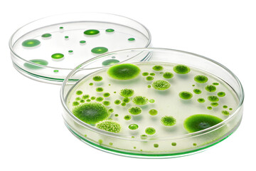 E coli bacteria growing on a petri dish bright green colonies in a sterile lab png transparent background.